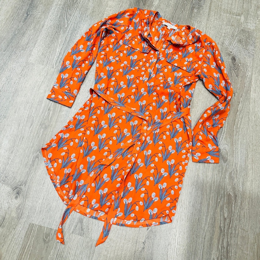 Loft Dress Petites XS Orange Floral Tulip Shirt Dress Long Sleeve Tie Waist XSP - Picture 2 of 16